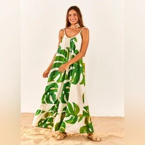 Farm Rio Flowy Maxi Dress Tropical Green Monstera Leaf Print & Rope Straps XL